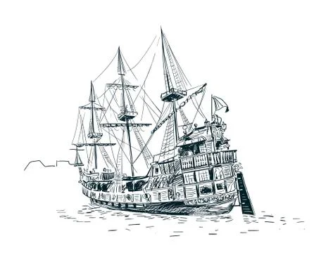 Old ship vector sketch illustration Gdansk monochrome Ilustración de archivo
