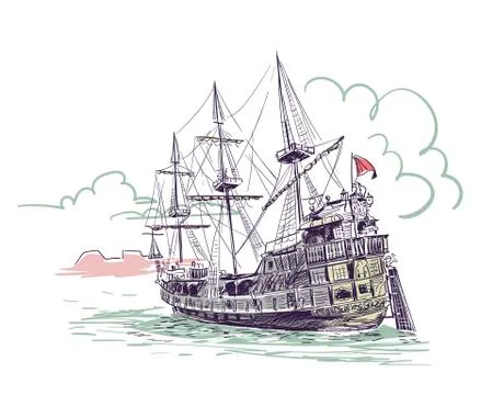 Old ship vector sketch illustration Gdansk watercolor Stock Illustration