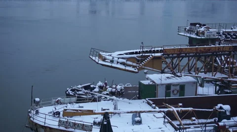 Old ships covered with snow winter on river aerial shot Stock Footage 48012987