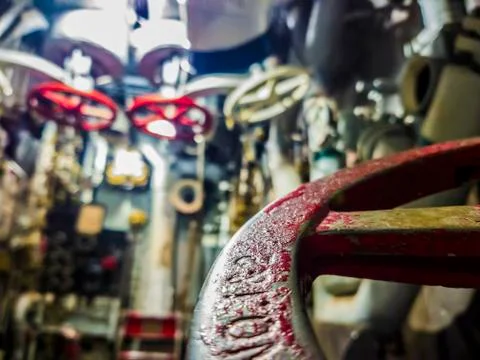 Old Ships valves, main engine, engineering interior of a submarine Stock Photos
