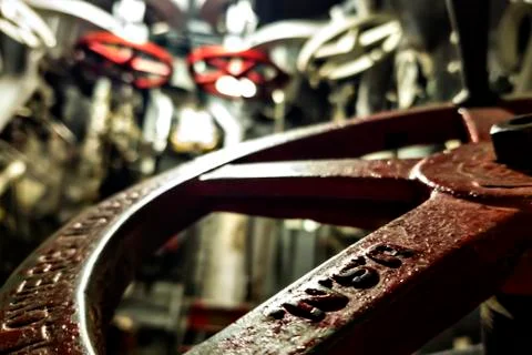 Old Ships valves, main engine, engineering interior of a submarine Stock Photos