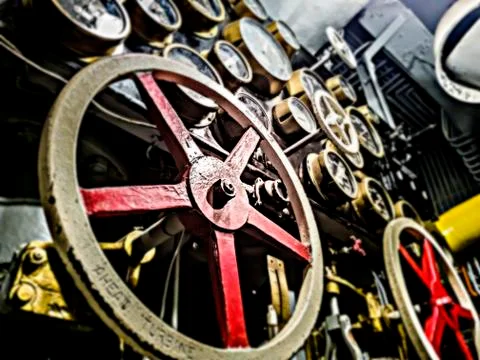 Old Ships valves, main engine, engineering interior of a submarine Stock Photos