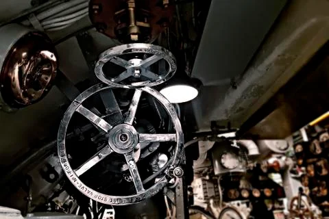Old Ships valves, main engine, engineering interior of a submarine Stock Photos