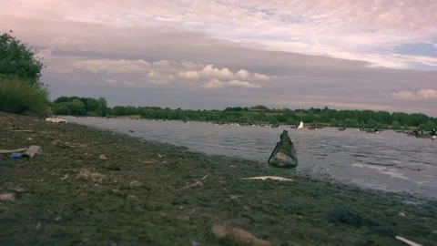 Old shoe washed up on lake shore Stock Footage 346772001