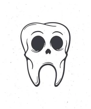 Old sick human skull tooth with eyes. Outline. Vector illustration. Illustrazione stock