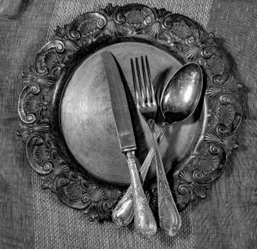 Old silver cutlery Stock Photos