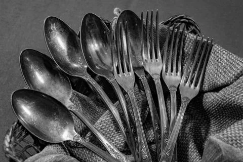 Old silver cutlery Stock Photos