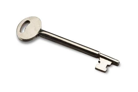 Old silver mortice lock key on white Stock Photos