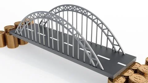An old, simple arch bridge connecting two groups of stacked gold coins. Stock Illustration