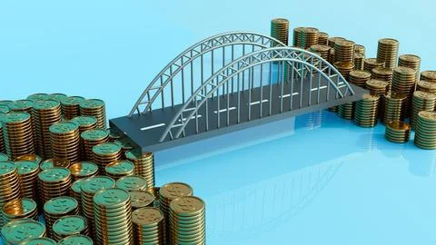 An old, simple arch bridge connecting two groups of stacked gold coins. Ilustración de archivo