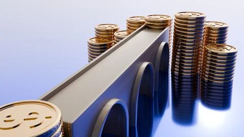An old, simple arch bridge connecting two groups of stacked gold coins. Stock Illustration
