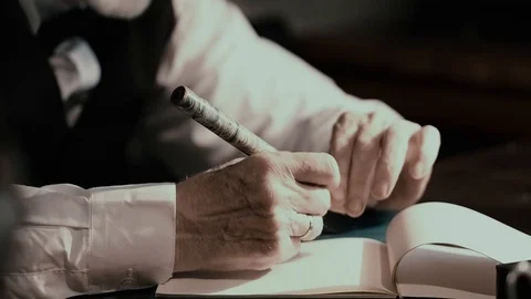 An old singer works in his creative studio, a textured writer in stylish retro Stock Footage 99053569