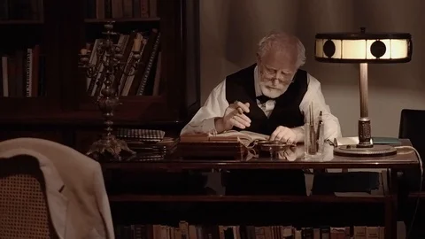 An old singer works in his creative studio, a textured writer in stylish retro Stock Footage 99053644