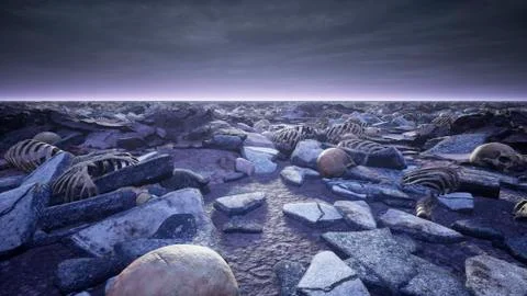 Old skulls and human bones lie on the battlefield after a devastating war or Stock Illustration
