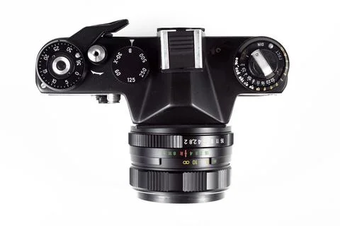 Old SLR camera on white background, top view, isolate Foto stock