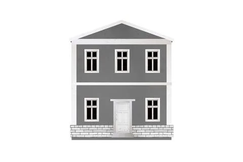 Old small gray two-storey european house with classical facade isolated Stock Photos