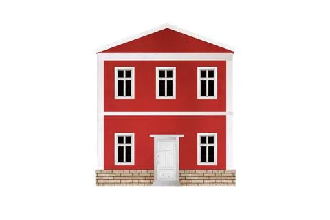 Old small red two-storey house with classical facade isolated on white back. Foto stock