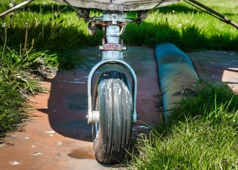 Old small single engine airplane landing gear on grassy overgrown parking pad. Stock Photos