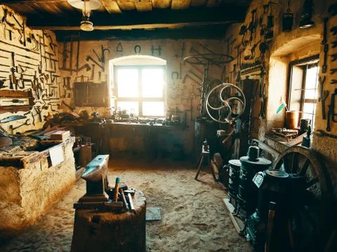 Old smithy workshop interior Stock-Fotos