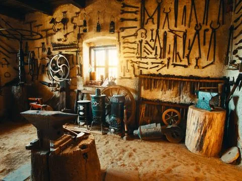 Old smithy workshop interior Stock-Fotos