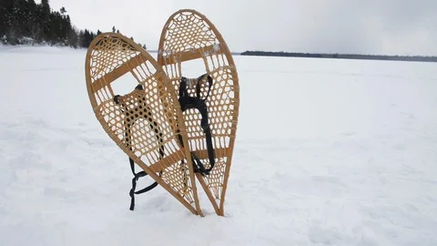 Old snowshoe on snow Stock Footage 109235812
