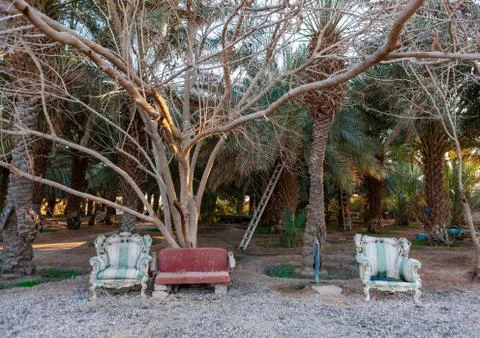 Old sofas in a garden, Al-Jawf Province, Sakaka, Saudi Arabia Stock Photos