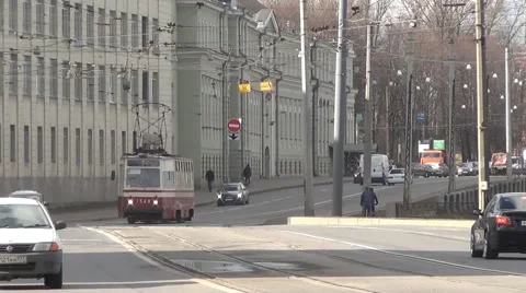 Old solo tram running the riverside line along the Neva River Stock Footage 61964530