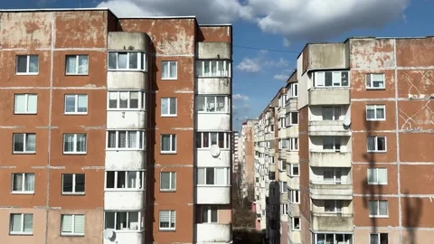 Old Soviet apartment buildings under a blue sky Stock Footage 331332001