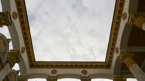 Old Soviet building. Sickle and hammer symbol. Slow motion. Beautiful blue sky Stock Footage 103425311