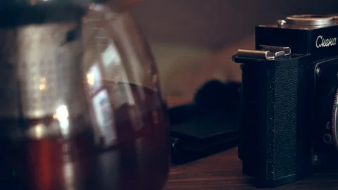 Old soviet camera on table Stock Footage 111838119