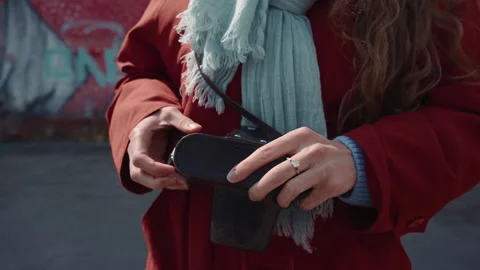 An old Soviet camera is taken out of a black case. Stock Footage 239054361