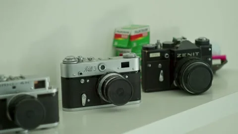 Old Soviet camera's and ZENIT with Helios lens Stock Footage 224278914