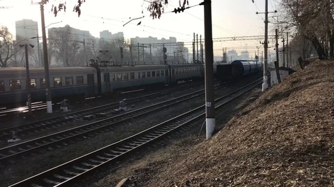Old soviet electric train going to the station Stock Footage 108461602
