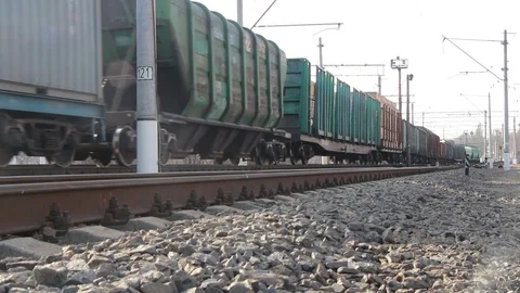 Old soviet freight train goes to the station Stock Footage 109801930