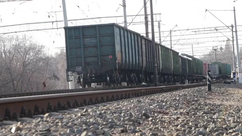 Old soviet freight train goes to the station Stock Footage 109802110