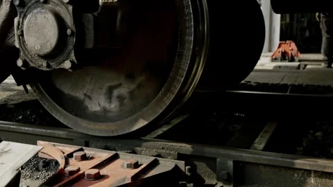 Old Soviet Freight Train Leaves Terminal Hangar - Close View of Steel Rail Vídeos de archivo 344414806