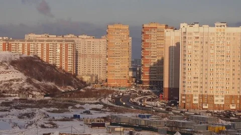 From Old Soviet Garage Cooperative to Large Dormitory area in Moscow at Winte Video stock 84694660