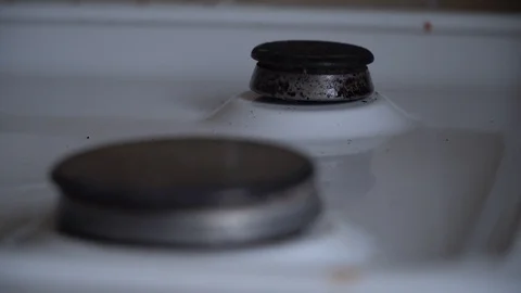 Old soviet gas stove. Fire from the stove. Kindle and extinguish the fire. Stock Footage 119200418