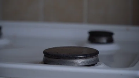 Old soviet gas stove. Fire from the stove. Kindle and extinguish the fire. Stock Footage 119200511