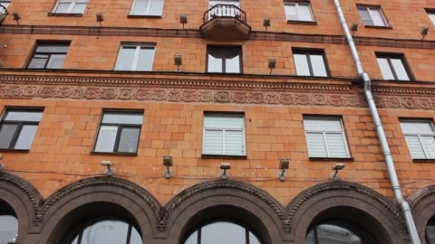 Old soviet orange bricks building Video stock 123893209