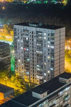 Old Soviet panel house type BPS at night, aerial view. Kyiv, Ukraine Foto stock