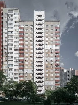 Old Soviet prefabricated skyscraper panel apartment building. Kyiv, Ukraine Stock Photos