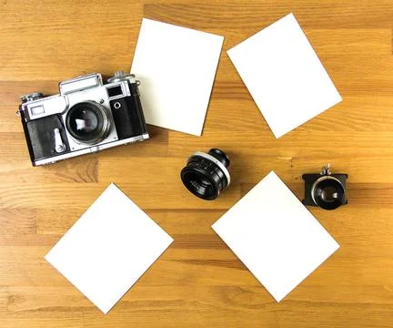 Old soviet rangefinder analog camera top view. Stock Photos