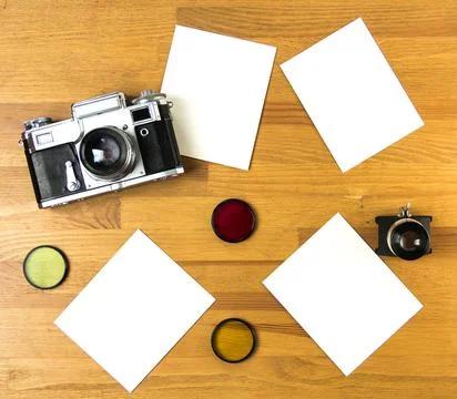 Old soviet rangefinder analog camera top view. Stock Photos