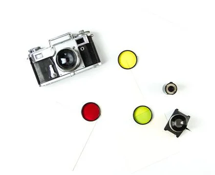 Old soviet rangefinder analog camera top view. Stock Photos