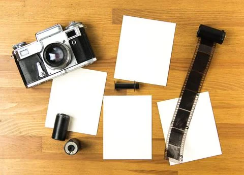 Old soviet rangefinder analog camera top view. Stock Photos