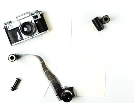 Old soviet rangefinder analog camera top view. Stock Photos