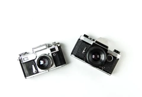 Old soviet rangefinder analog camera top view. Stock Photos
