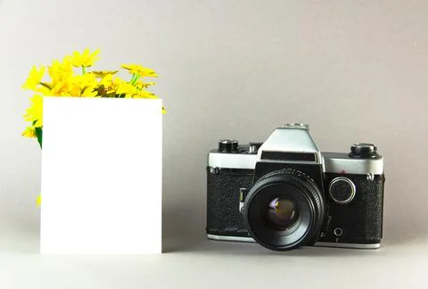 Old Soviet rangefinder analog camera with a bouquet of flowers. Stock Photos