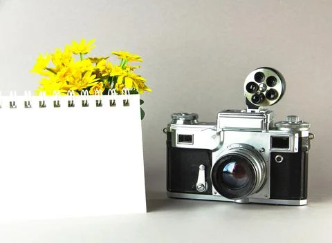 Old Soviet rangefinder analog camera with a bouquet of flowers. Stock Photos